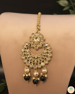 Pearly Antique Gold Necklace Set (Necklace, Earrings, Tikka) - Golden / Black