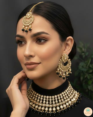 Pearly Antique Gold Necklace Set (Necklace, Earrings, Tikka) - Golden / Black