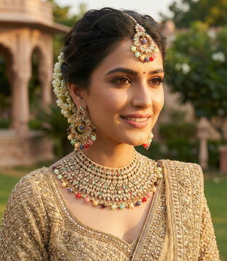 Pearly Antique Gold Necklace Set (Necklace, Earrings, Tikka) - Golden / Multi