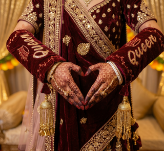 Velvet 'Queen' Bridal Choora Covers – Luxury Maroon Embroidered Bangle Sleeves for Brides