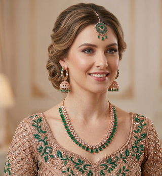 American Diamond Style Necklace Set - Rose Gold/Emerald Green