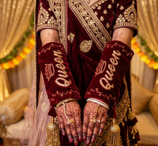 Velvet 'Queen' Bridal Choora Covers – Luxury Maroon Embroidered Bangle Sleeves for Brides