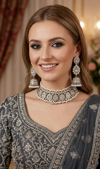 Pearly Antique Silver Necklace Set (Necklace, Earrings, Tikka) - Silver