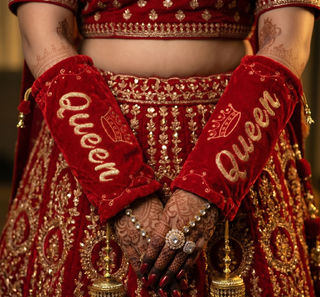 Velvet 'Queen' Bridal Choora Covers – Luxury Red Embroidered Bangle Sleeves for Brides