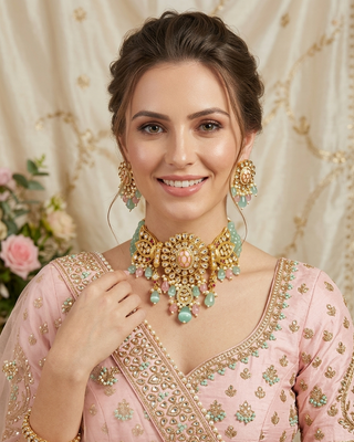SABRINA Traditional Kundan Necklace Set - Mint/Baby Pink Combo