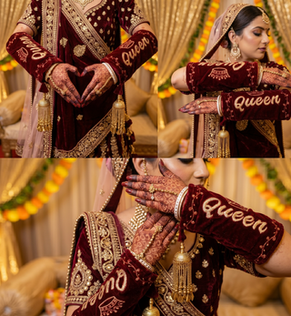 Velvet 'Queen' Bridal Choora Covers – Luxury Maroon Embroidered Bangle Sleeves for Brides