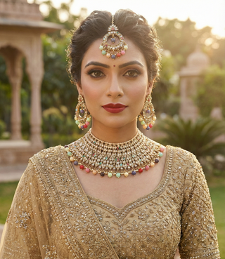 Pearly Antique Gold Necklace Set (Necklace, Earrings, Tikka) - Golden / Multi