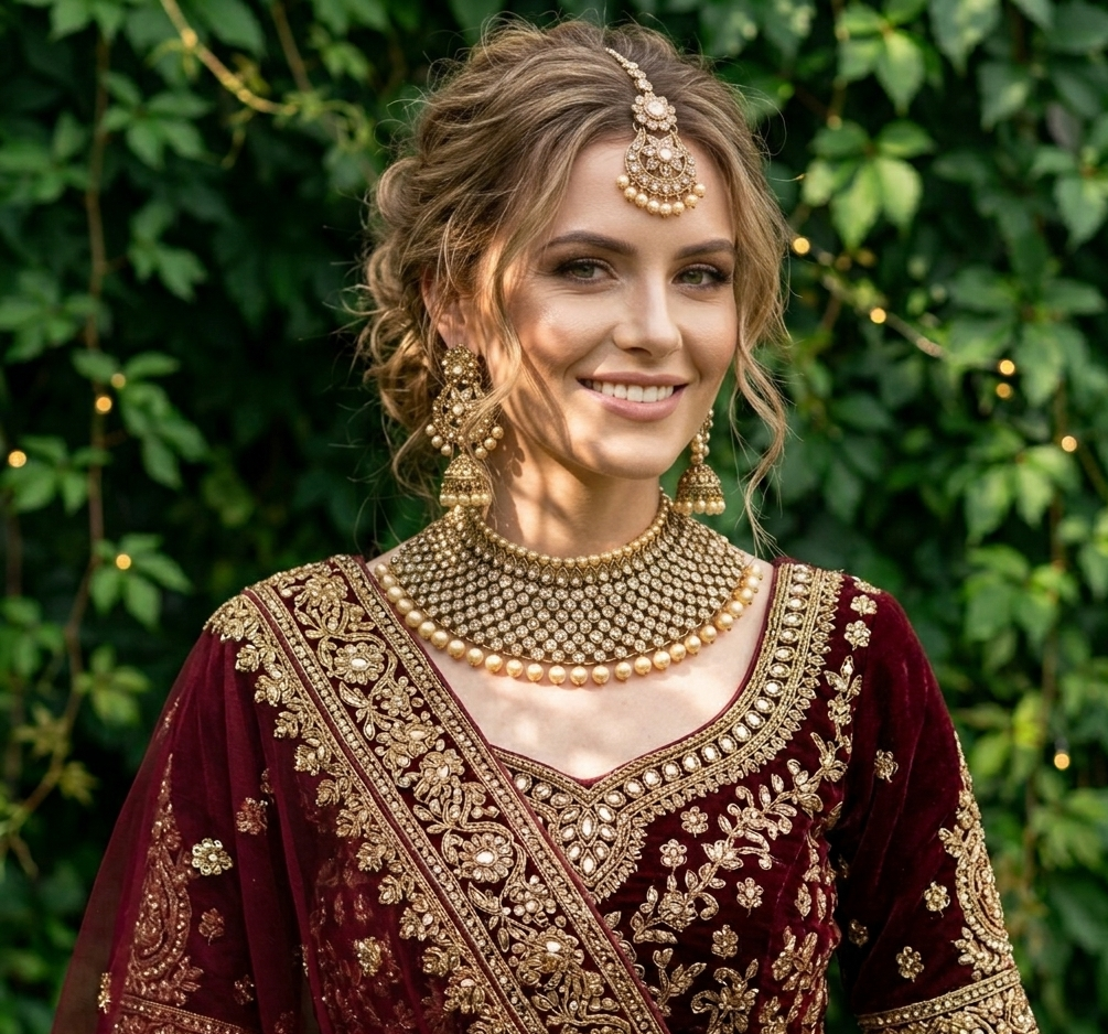 Luxury antique gold finish Kundan bridal necklace set featuring intricate detailing with matching jhumka earrings and maang tikka, elegant statement jewelry for South Asian weddings and nikah ceremonies, as seen in www.taniska.com