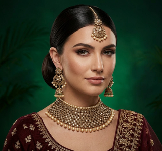 Luxury antique gold finish Kundan bridal necklace set featuring intricate detailing with matching jhumka earrings and maang tikka, elegant statement jewelry for South Asian weddings and nikah ceremonies, as seen in www.taniska.com