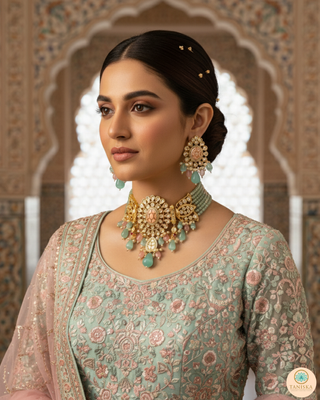 Luxury baby pink and mint green beaded Kundan choker necklace set with matching earrings, elegant statement jewelry for South Asian bridal weddings and receptions.