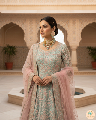 Luxury baby pink and mint green beaded Kundan choker necklace set with matching earrings, elegant statement jewelry for South Asian bridal weddings and receptions.