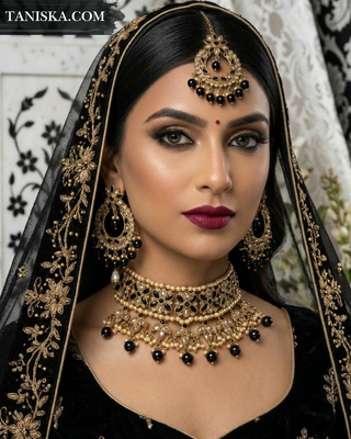 Luxury black and gold Kundan bridal necklace set featuring intricate floral detailing with matching earrings and maang tikka, an elegant statement piece for South Asian weddings and formal occasions