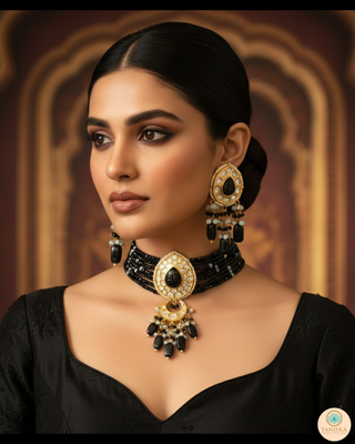 Luxury black glass work Kundan bridal necklace set with matching earrings and headpiece, statement jewelry for South Asian weddings and nikah ceremonies.