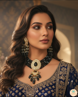 Luxury black glass work Kundan bridal necklace set with matching earrings and headpiece, statement jewelry for South Asian weddings and nikah ceremonies.