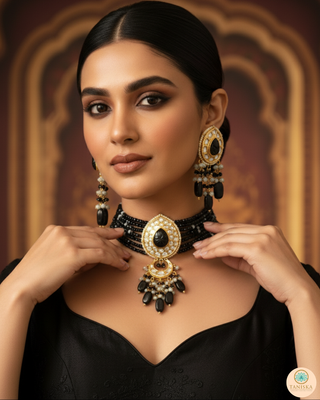 Luxury black glass work Kundan bridal necklace set with matching earrings and headpiece, statement jewelry for South Asian weddings and nikah ceremonies.