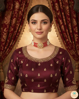 Luxury coral and peach beaded Kundan choker necklace set with matching earrings, elegant statement jewelry for South Asian bridal weddings and receptions.