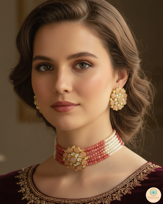 Luxury coral and peach beaded Kundan choker necklace set with matching earrings, elegant statement jewelry for South Asian bridal weddings and receptions.