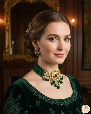 Luxury green emerald beaded Kundan choker set with matching earrings, an elegant statement piece for South Asian bridal weddings and nikah ceremonies, as seen in www.taniska.com