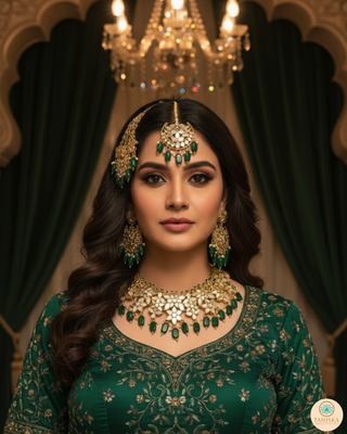 Luxury green glass work Kundan bridal necklace set with matching earrings and headpiece, statement jewelry for South Asian weddings and nikah ceremonies.