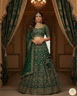 Luxury green glass work Kundan bridal necklace set with matching earrings and headpiece, statement jewelry for South Asian weddings and nikah ceremonies.