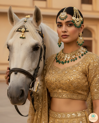 Luxury green glass work Kundan bridal necklace set with matching earrings and headpiece, statement jewelry for South Asian weddings and nikah ceremonies.