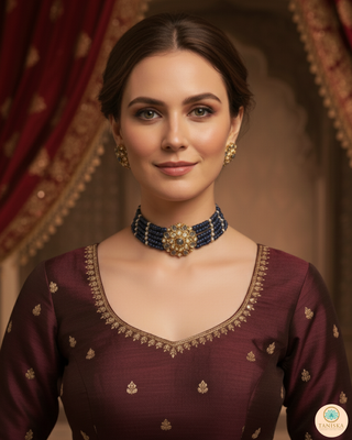 Luxury grey beaded Kundan choker necklace set with matching earrings, elegant statement jewelry for South Asian bridal weddings and receptions.