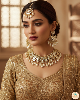 Luxury golden glass work Kundan bridal necklace set with matching earrings and headpiece, exquisite statement jewelry for South Asian weddings and nikah ceremonies.