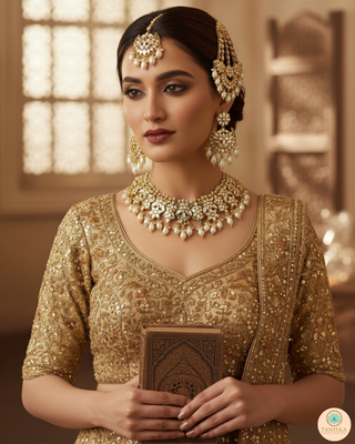 Luxury golden glass work Kundan bridal necklace set with matching earrings and headpiece, exquisite statement jewelry for South Asian weddings and nikah ceremonies.