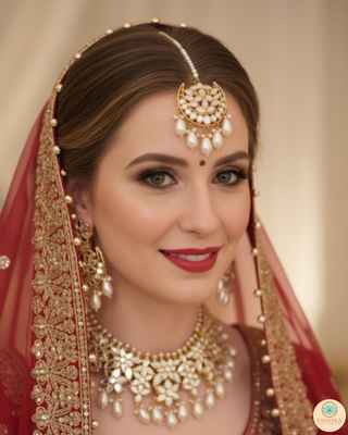 Luxury golden glass work Kundan bridal necklace set with matching earrings and headpiece, exquisite statement jewelry for South Asian weddings and nikah ceremonies.