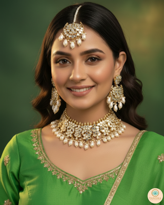 Luxury golden glass work Kundan bridal necklace set with matching earrings and headpiece, exquisite statement jewelry for South Asian weddings and nikah ceremonies.