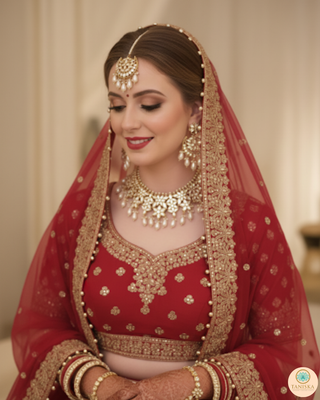Luxury golden glass work Kundan bridal necklace set with matching earrings and headpiece, exquisite statement jewelry for South Asian weddings and nikah ceremonies.