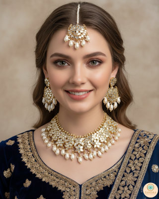Luxury golden glass work Kundan bridal necklace set with matching earrings and headpiece, exquisite statement jewelry for South Asian weddings and nikah ceremonies.
