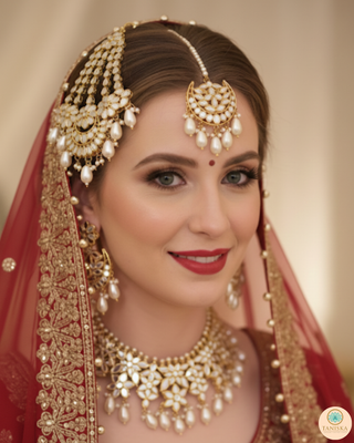 Luxury golden glass work Kundan bridal necklace set with matching earrings and headpiece, exquisite statement jewelry for South Asian weddings and nikah ceremonies.