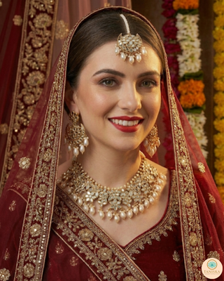 Luxury golden glass work Kundan bridal necklace set with matching earrings and headpiece, exquisite statement jewelry for South Asian weddings and nikah ceremonies.