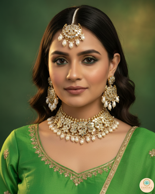 Luxury golden glass work Kundan bridal necklace set with matching earrings and headpiece, exquisite statement jewelry for South Asian weddings and nikah ceremonies.