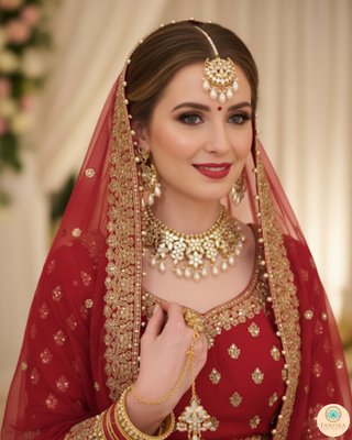 Luxury golden glass work Kundan bridal necklace set with matching earrings and headpiece, exquisite statement jewelry for South Asian weddings and nikah ceremonies.