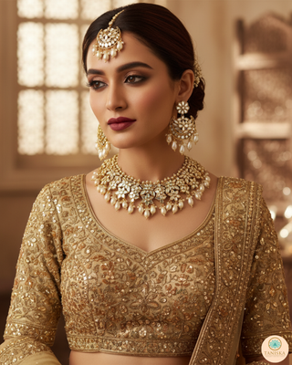 Luxury golden glass work Kundan bridal necklace set with matching earrings and headpiece, exquisite statement jewelry for South Asian weddings and nikah ceremonies.