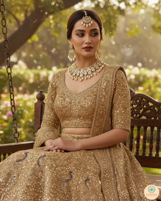 Luxury golden glass work Kundan bridal necklace set with matching earrings and headpiece, exquisite statement jewelry for South Asian weddings and nikah ceremonies.