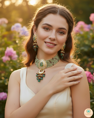 Luxury green beaded Kundan choker necklace set with matching earrings, perfect for South Asian bridal weddings and receptions.