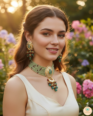 Luxury green beaded Kundan choker necklace set with matching earrings, perfect for South Asian bridal weddings and receptions.