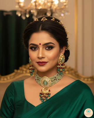Luxury green beaded Kundan choker necklace set with matching earrings, perfect for South Asian bridal weddings and receptions.