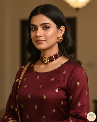Luxury maroon beaded Kundan choker necklace set with matching earrings, elegant statement jewelry for South Asian bridal weddings and receptions.