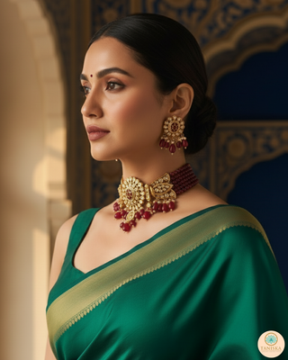 Luxury maroon beaded Kundan choker necklace set with matching earrings worn by a model, perfect for South Asian weddings and bridal receptions.