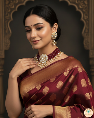 Luxury maroon multi-strand beaded Pachi Kundan choker necklace set, an exquisite statement piece for South Asian bridal weddings and nikah ceremonies, as seen in www.taniska.com