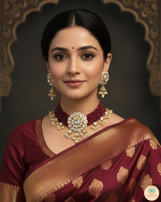 Luxury maroon multi-strand beaded Pachi Kundan choker necklace set, an exquisite statement piece for South Asian bridal weddings and nikah ceremonies, as seen in www.taniska.com