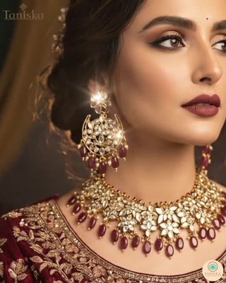 Luxury maroon glass work Kundan bridal necklace set with matching earrings and headpiece, statement jewelry for South Asian weddings and nikah ceremonies.