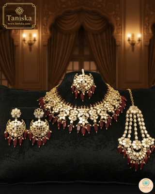 Luxury maroon glass work Kundan bridal necklace set with matching earrings and headpiece, statement jewelry for South Asian weddings and nikah ceremonies.