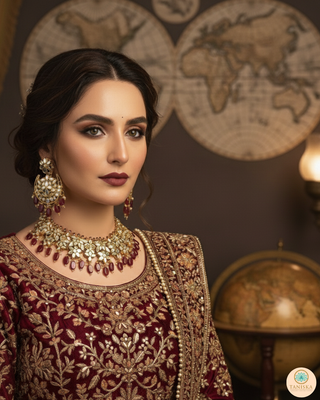 Luxury maroon glass work Kundan bridal necklace set with matching earrings and headpiece, statement jewelry for South Asian weddings and nikah ceremonies.