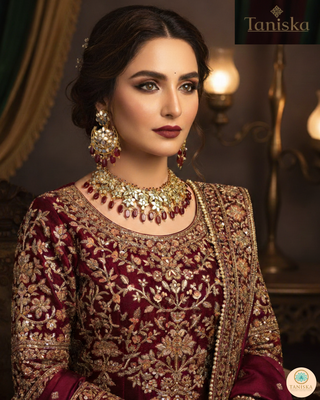 Luxury maroon glass work Kundan bridal necklace set with matching earrings and headpiece, statement jewelry for South Asian weddings and nikah ceremonies.