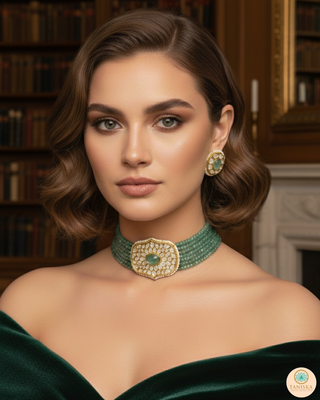 Luxury mint beaded Kundan choker necklace set featuring mint green and soft pink beads with matching earrings, elegant statement jewelry for South Asian bridal weddings and festive receptions.